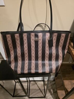 Coach Brown and Black Signature Vertical Stripe Tote